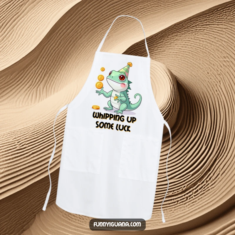 Funny Kawaii Iguana Apron: kitchen apron with a cute iguana wearing a party hat, juggling three shiny coins, adding humor to cooking.