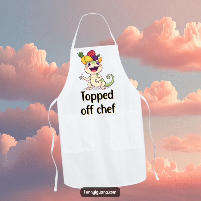 Funny kawaii iguana apron showing an iguana balancing a large colorful stack of fruits on its head. Great for kitchen protection.