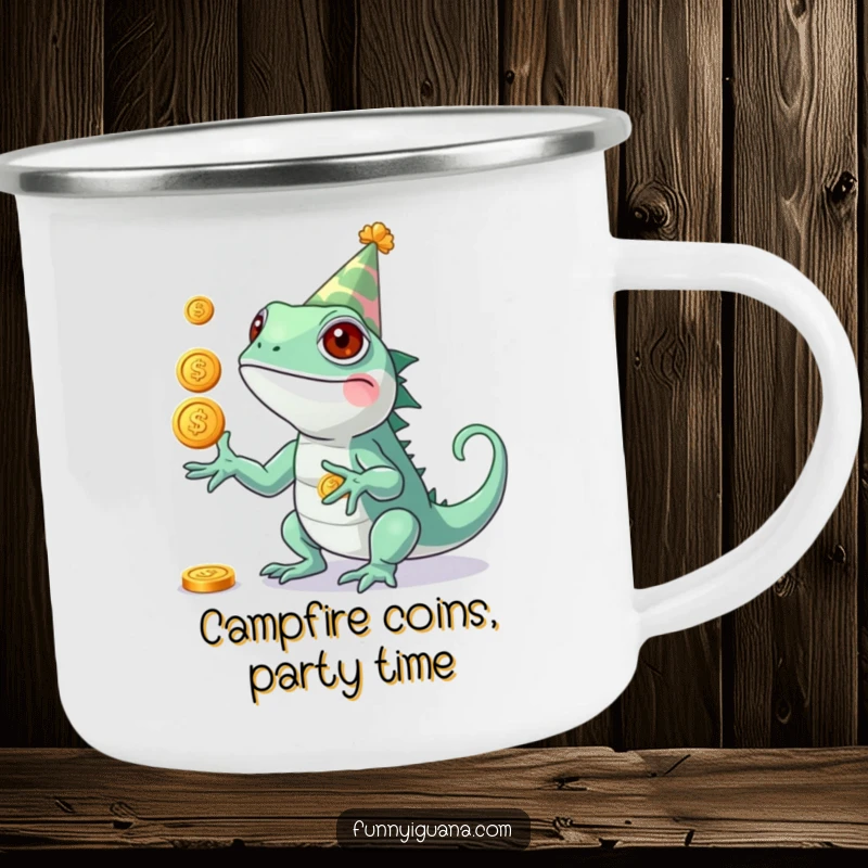 Funny Kawaii Iguana Camping Mug: enamel mug with a cute iguana wearing a party hat, juggling three shiny coins, ready for fun.