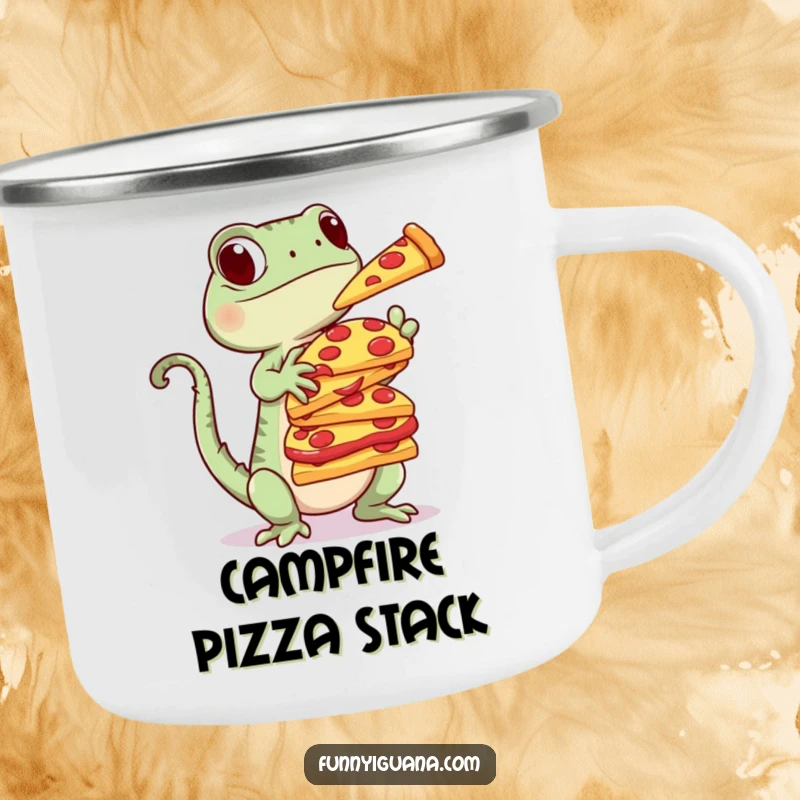 Funny Kawaii Iguana Camping Mug: enamel mug with a cute iguana balancing a stack of pizza slices, ready for a delicious adventure.