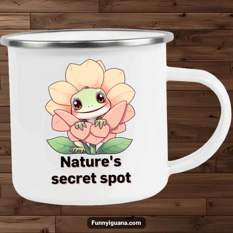 Funny kawaii iguana camping mug showing a curious iguana peeking from behind a giant smiling flower. Sturdy enamel.