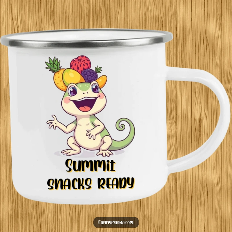 Funny kawaii iguana camping mug showing an iguana balancing a colorful stack of fruits. Sturdy enamel for outdoor use.