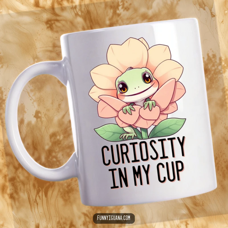 Funny kawaii iguana mug featuring a curious iguana peeking from behind a giant, smiling flower. Adorable and charming.