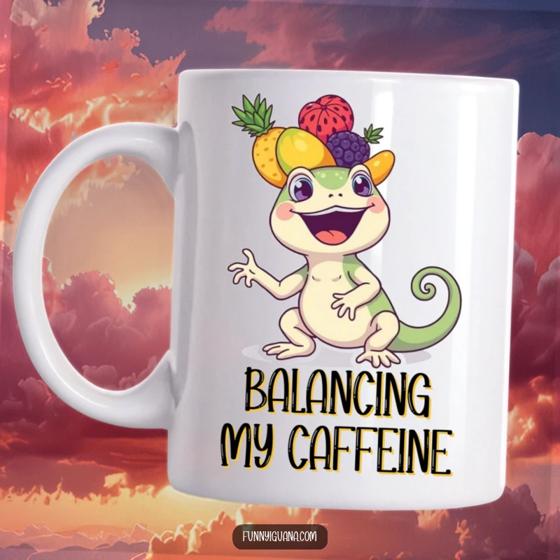 Funny kawaii iguana mug featuring a joyful iguana expertly balancing a colorful stack of fruits on its head. Vibrant and fun.