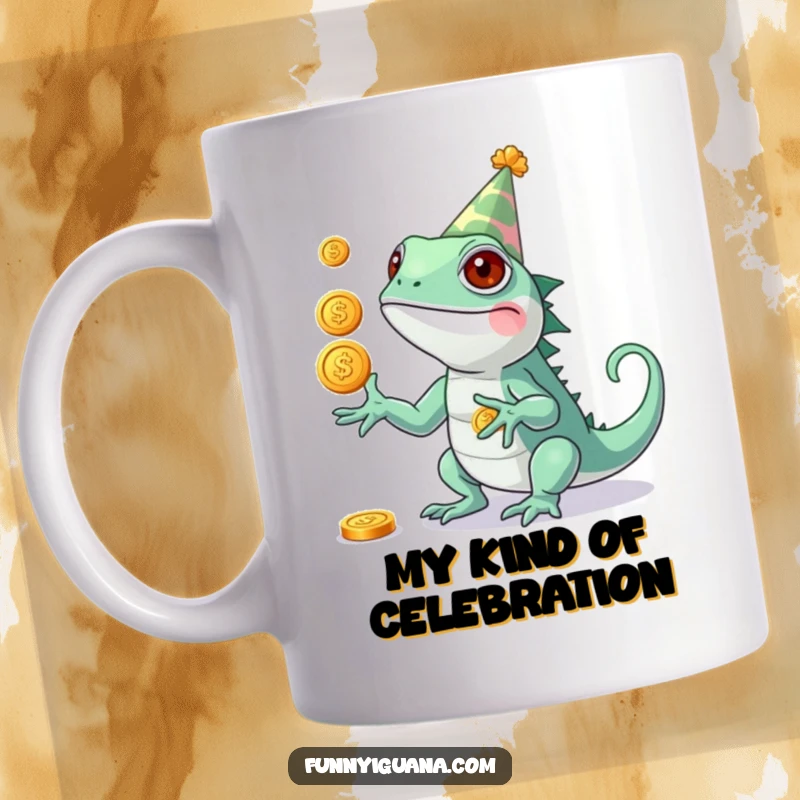 Funny Kawaii Iguana Mug: cute iguana wearing a party hat, comically juggling three shiny coins, a festive and humorous design.