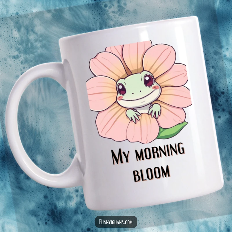 Funny Kawaii iguana peeking curiously from behind a giant, smiling flower, bringing joy and humor to this delightful mug.