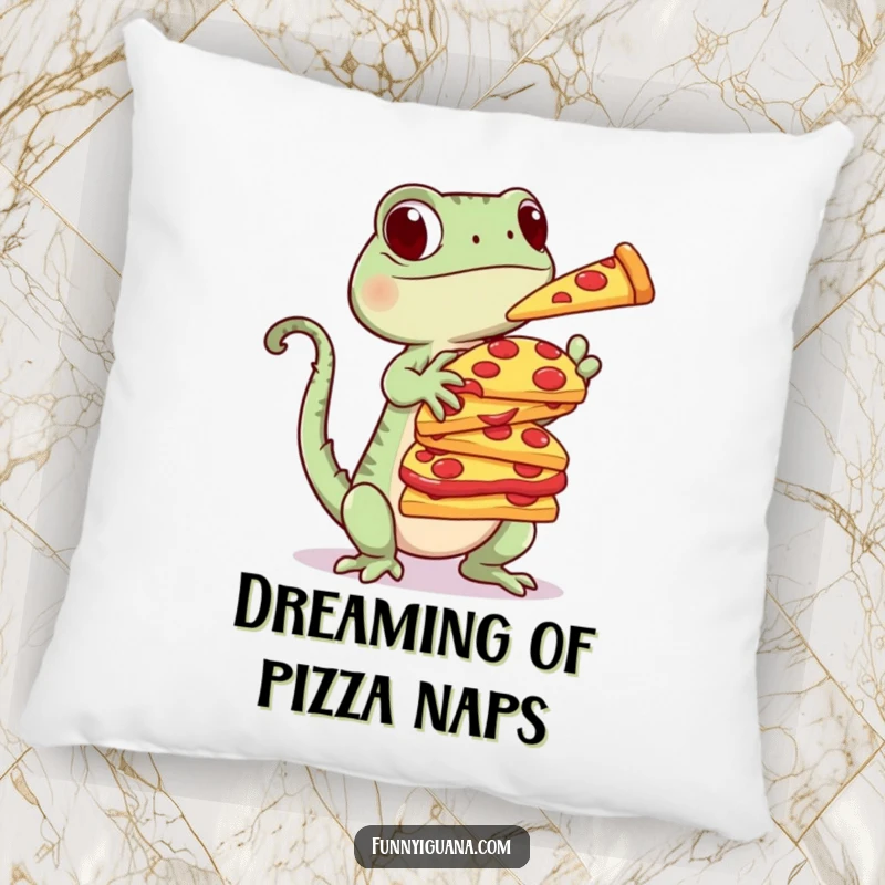 Funny Kawaii Iguana Pillow: plush pillow with a cute iguana balancing a stack of pizza slices, a fun and cozy accent for pizza enthusiasts.