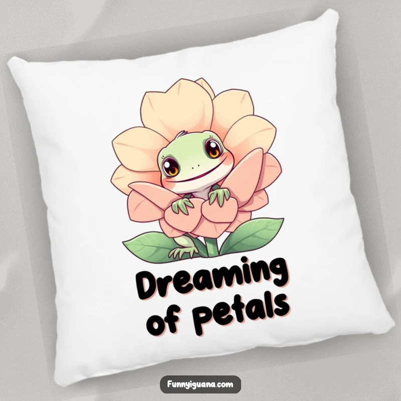 Funny kawaii iguana pillow featuring a curious iguana peeking from behind a giant smiling flower. Soft and decorative.