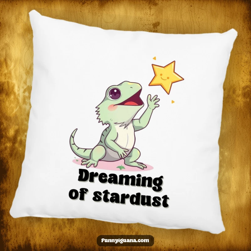 Funny kawaii iguana pillow, humorously stretching towards a twinkling star, adding a cute and funny touch to any cozy space.