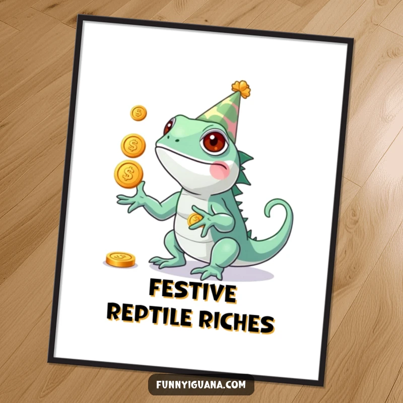 Funny Kawaii Iguana Digital Art Print: high-resolution image of a cute iguana in a party hat, comically juggling three shiny coins, festive and fun.