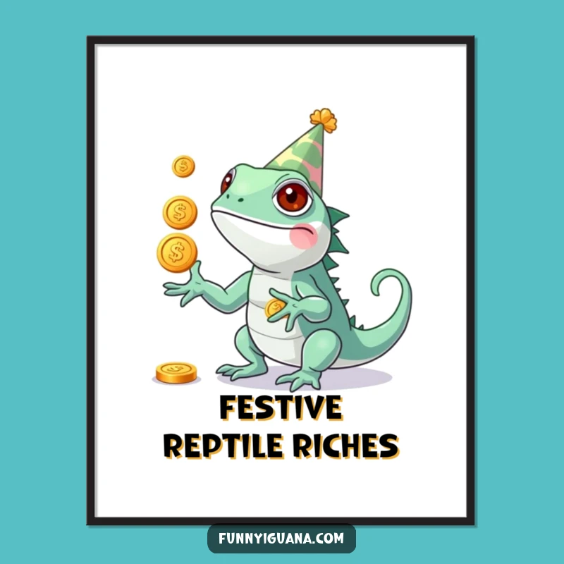Funny Kawaii Iguana Juggling Coins Digital Print - Festive Art
