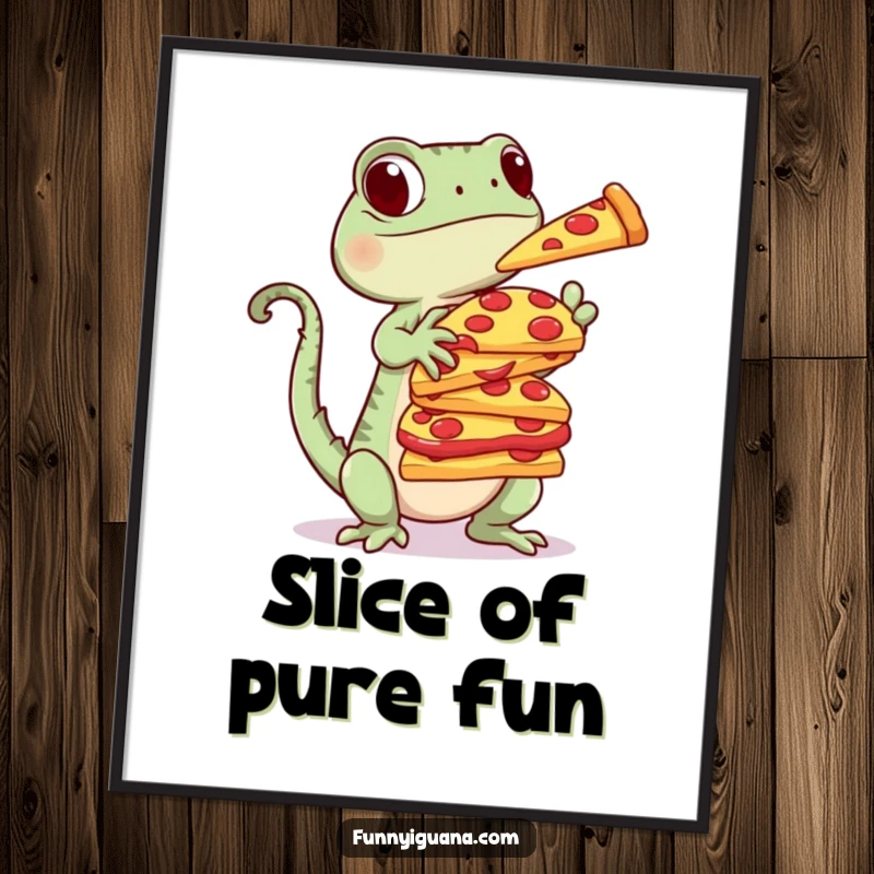Funny Kawaii Iguana Digital Art Print: high-resolution image of a cute iguana balancing a tall stack of pizza slices, full of playful foodie humor.