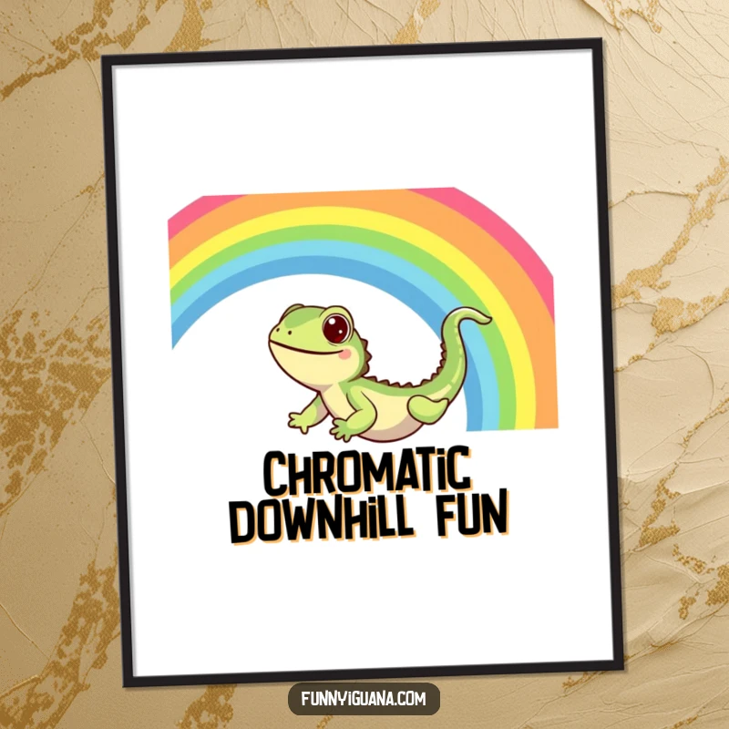Funny Kawaii Iguana Digital Art Print: high-resolution image of a cute iguana sliding down a vibrant rainbow with pure delight, full of joy.