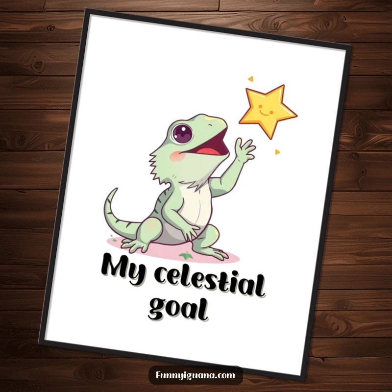 Funny kawaii iguana digital art print, humorously depicted reaching for a shining star, a delightful and funny piece for instant decoration.