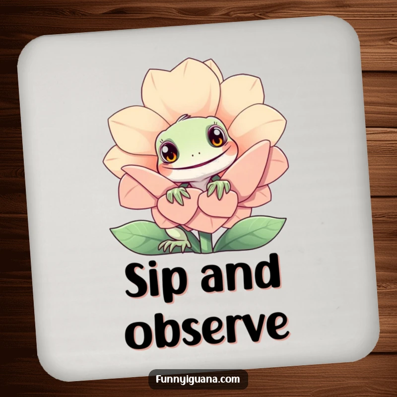 Funny kawaii iguana coaster featuring a curious iguana peeking from behind a large smiling flower. Protects surfaces.