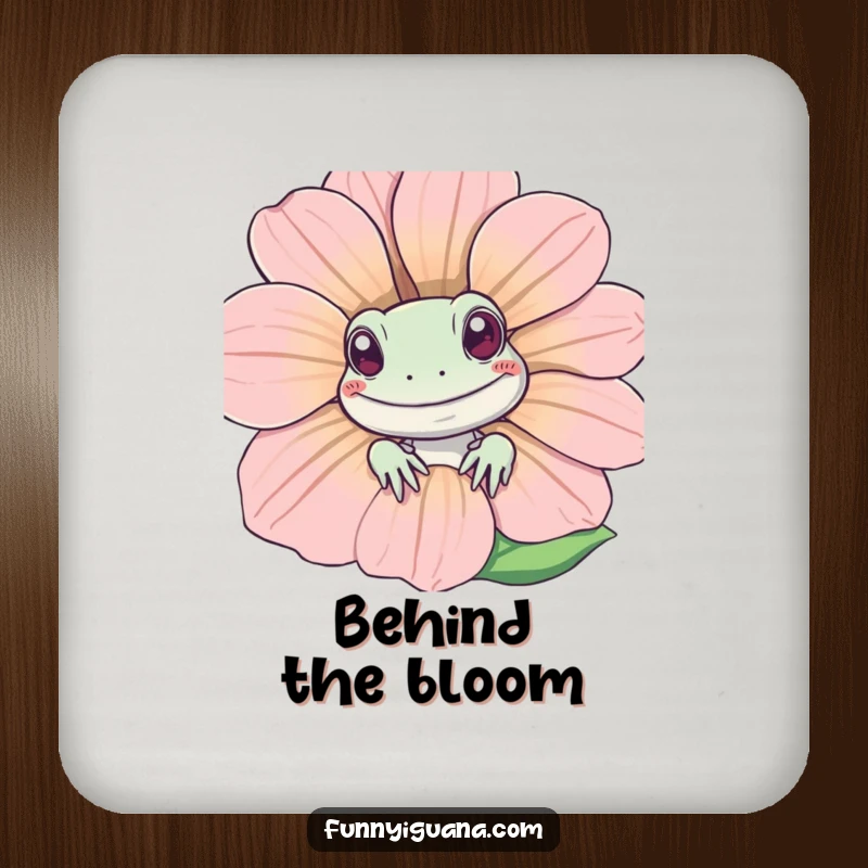 Funny Kawaii iguana peeking from behind a smiling flower on a drink coaster, a charming and funny addition to any home.