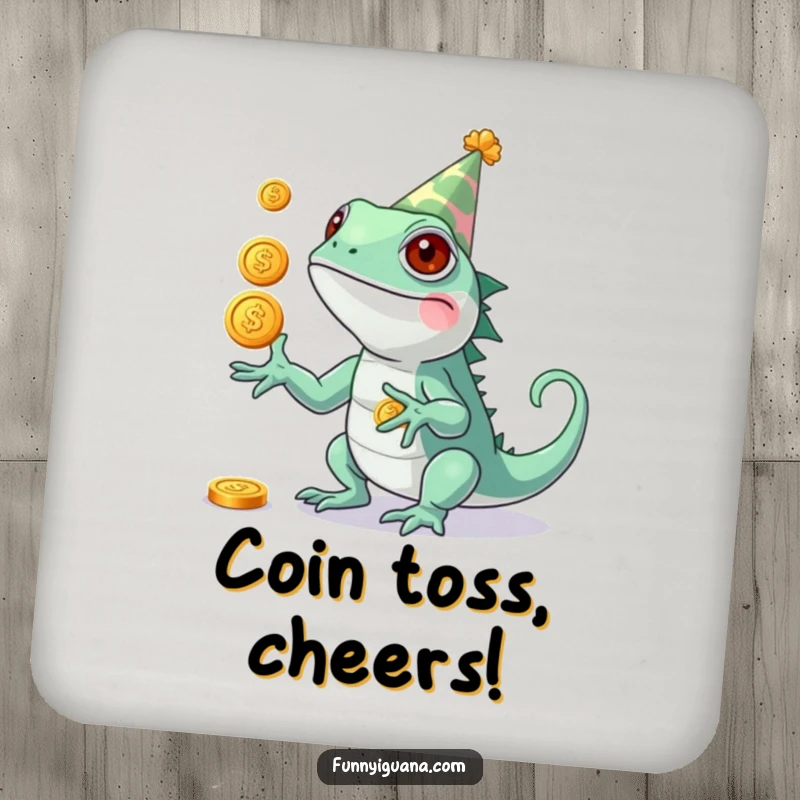 Funny Kawaii Iguana Coaster: decorative coaster with a cute iguana juggling shiny coins, adding festive humor to drinks.