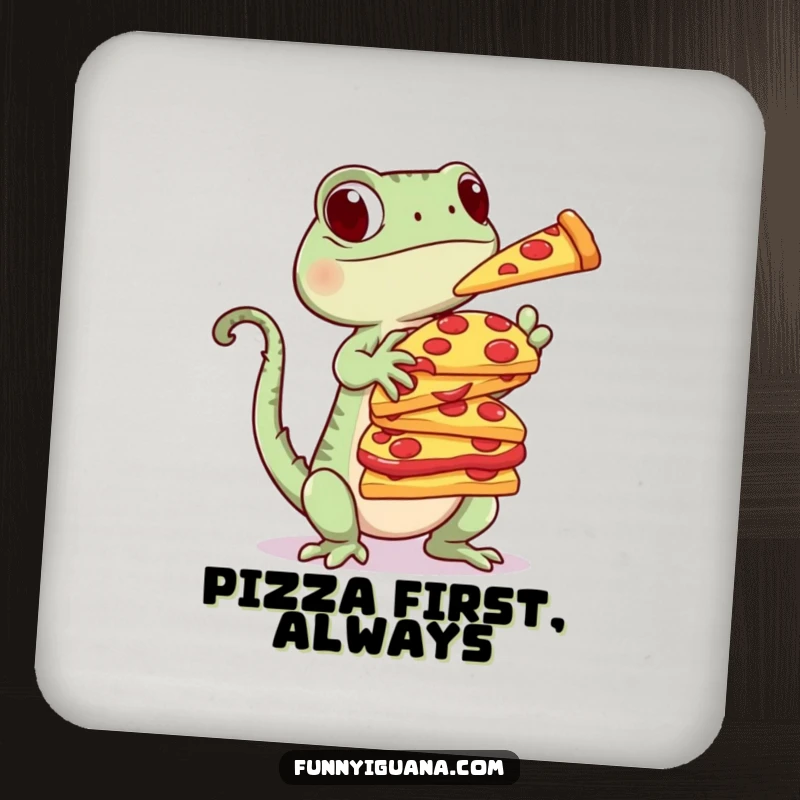 Funny Kawaii Iguana Coaster: decorative coaster with a cute iguana balancing a stack of pizza slices, adding foodie humor to drinks.
