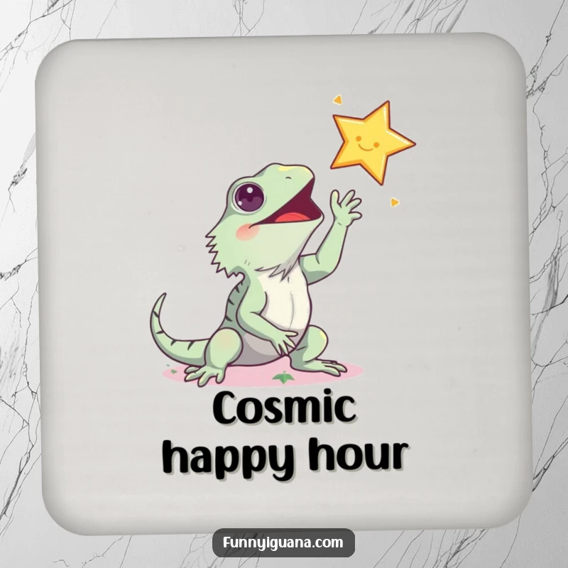 Funny kawaii iguana drink coaster, humorously reaching for a tiny star, protecting surfaces with a cute and funny design.