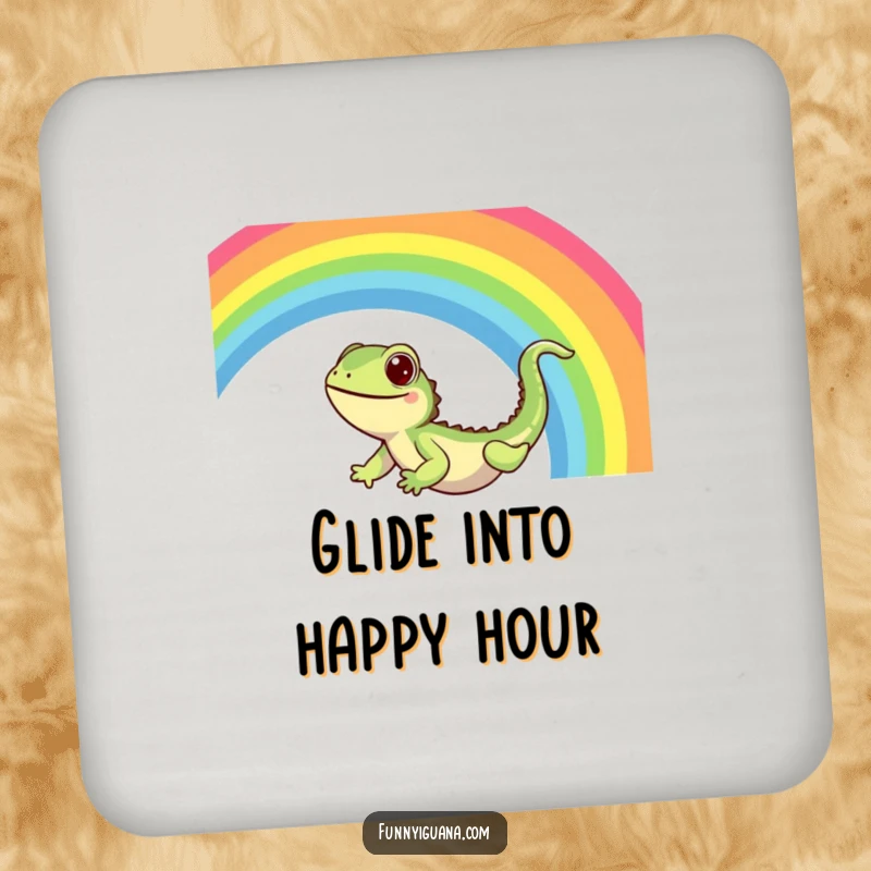 Funny Kawaii Iguana Coaster: decorative coaster with a cute iguana sliding down a vibrant rainbow, adding cheerful fun to drinks.