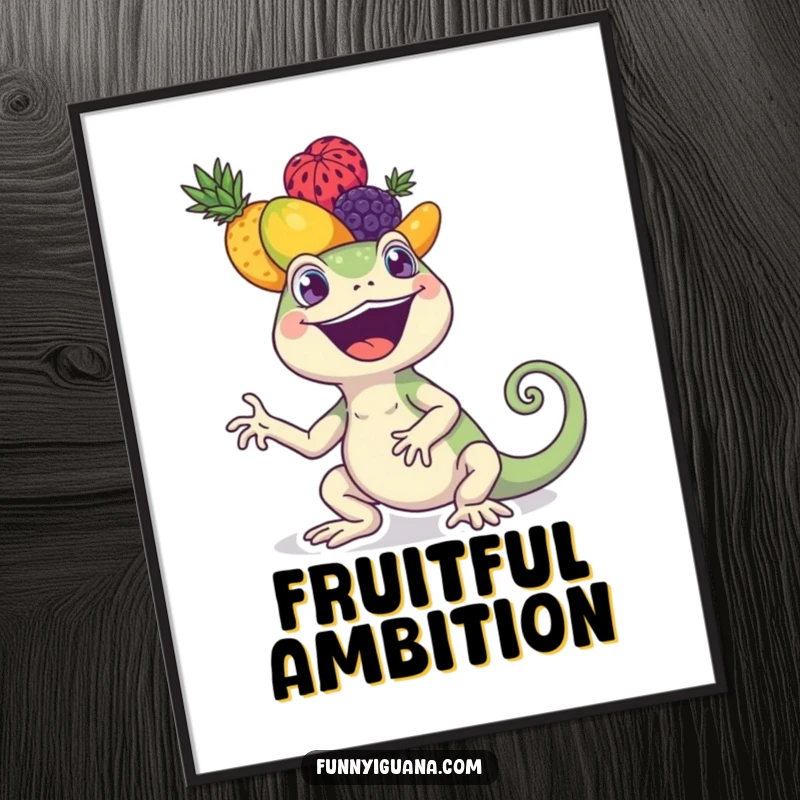 Funny kawaii iguana poster showing a happy iguana balancing a tall, colorful stack of fruits on its head. Whimsical artwork.