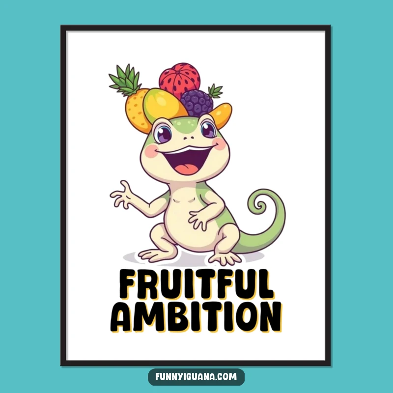 Funny Iguana Poster - Kawaii Fruit Stacking Wall Art