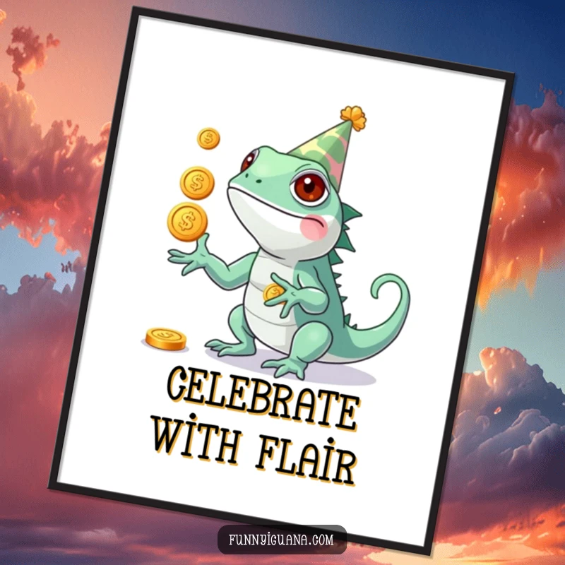 Funny Kawaii Iguana Poster: wall art featuring a cute iguana wearing a party hat, comically juggling three shiny coins, full of festive charm.