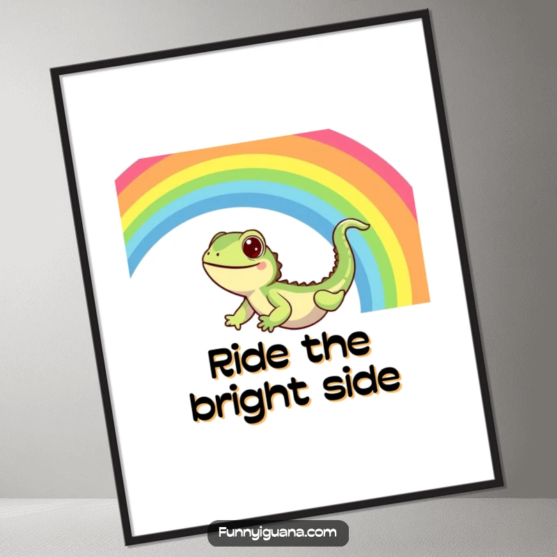 Funny Kawaii Iguana Poster: colorful wall art of a cute iguana gleefully sliding down a bright, sparkling rainbow, full of pure delight.