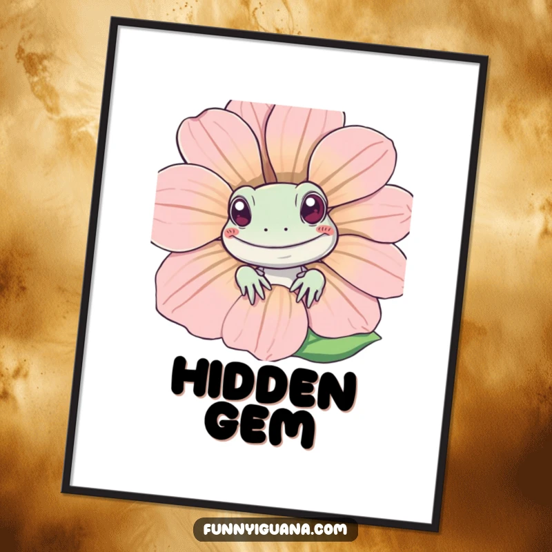 Funny Kawaii iguana peeking behind a large, happy flower, a beautifully illustrated poster designed to bring humor and charm to any wall space.