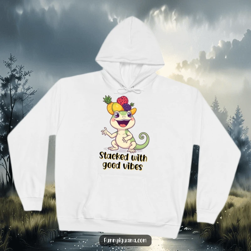 Funny kawaii iguana hoodie featuring a joyful iguana balancing a vibrant stack of fruits on its head. Soft and comfortable.