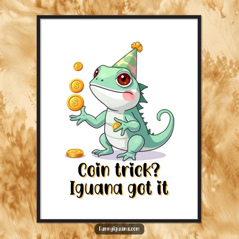 Funny Free Printable Wall Art: A festive kawaii iguana in a party hat, skillfully juggling three shiny coins.