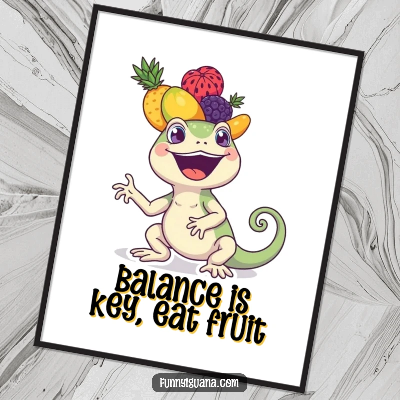 Funny free printable wall art: A joyful kawaii iguana with a huge smile balances a tall, colorful stack of fruits on its head.