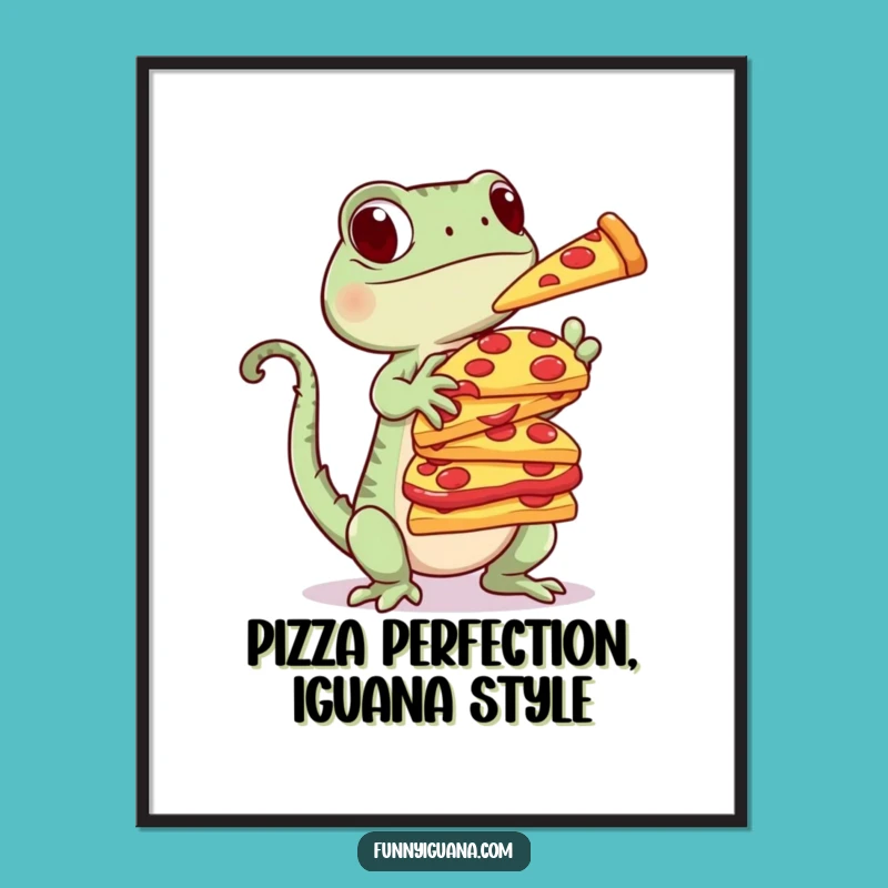 Funny Free Printable Wall Art: Kawaii Iguana Pizza Balance, Hilarious Downloadable Decor