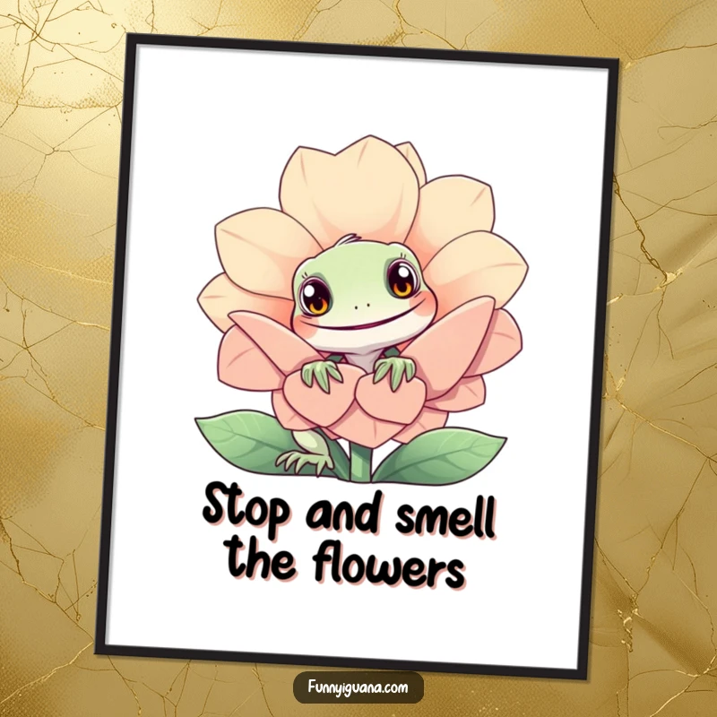 Funny free printable wall art: A curious kawaii iguana peeks its head out from behind a giant, smiling flower, looking playful.