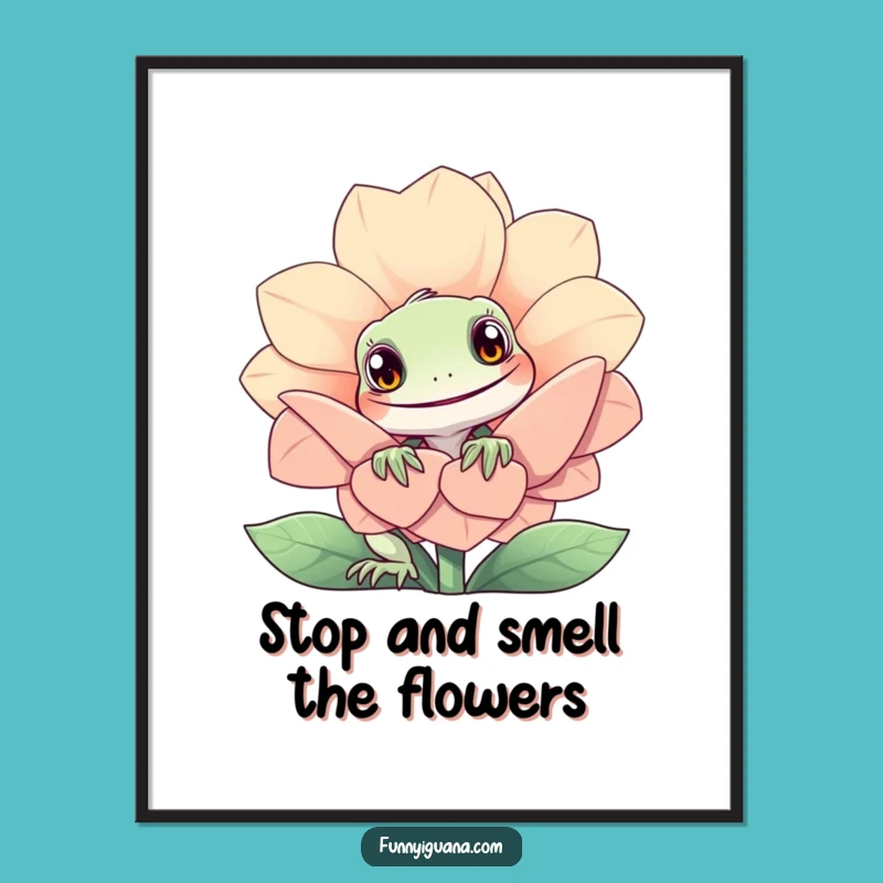 Free Printable Wall Art: Curious Iguana Flower Peek Funny Downloadable Art Gift