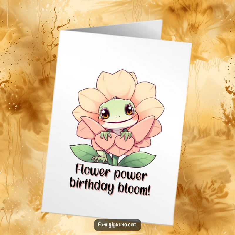 Funny free printable birthday card: A curious kawaii iguana peeks its head out from behind a giant, friendly, smiling flower.