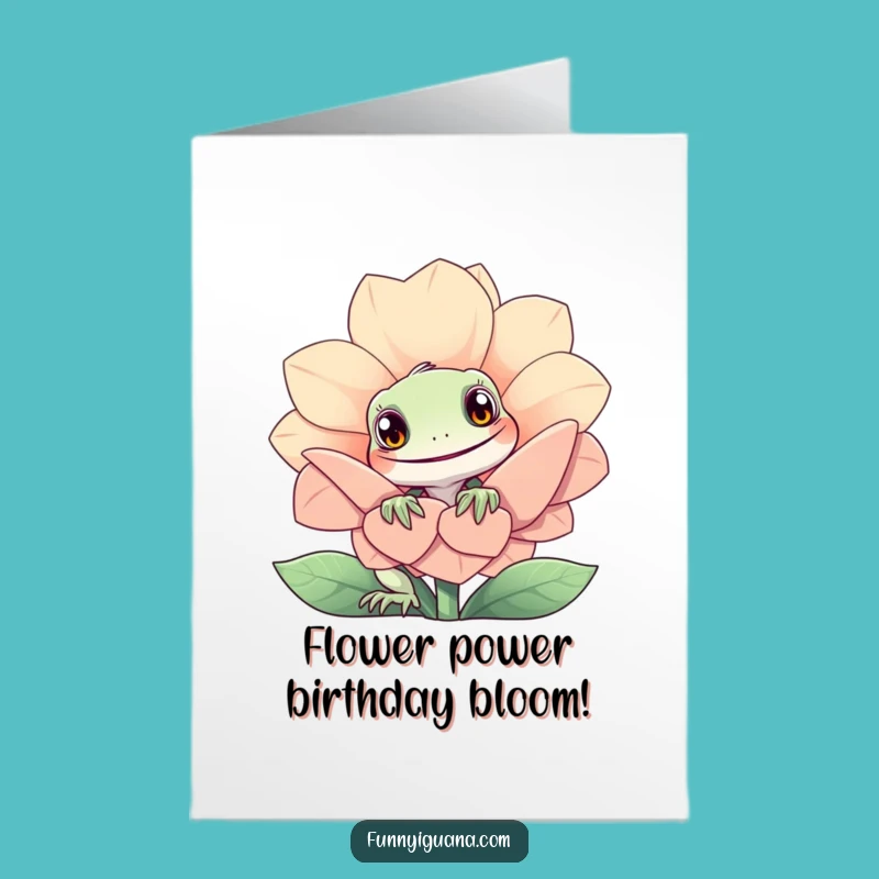 Free Printable Birthday Card: Curious Iguana Flower Peek Funny Downloadable Gift