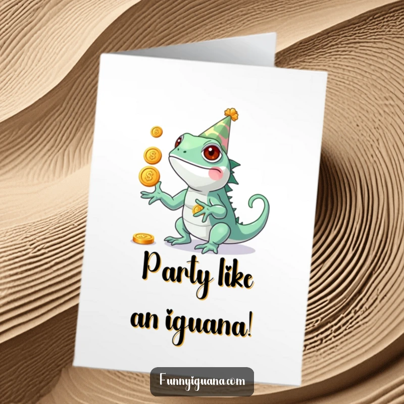 Funny Free Printable Birthday Card: A kawaii iguana in a party hat expertly juggling three shiny gold coins.