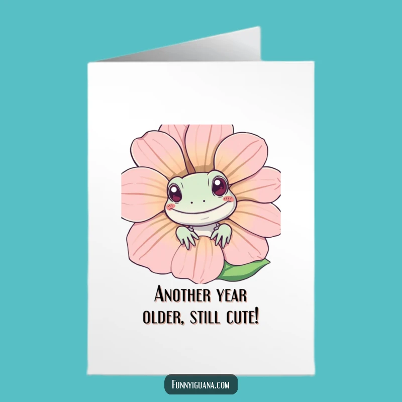 Free Printable Birthday Card: Funny Kawaii Iguana Peeking Flower - Downloadable Gift!