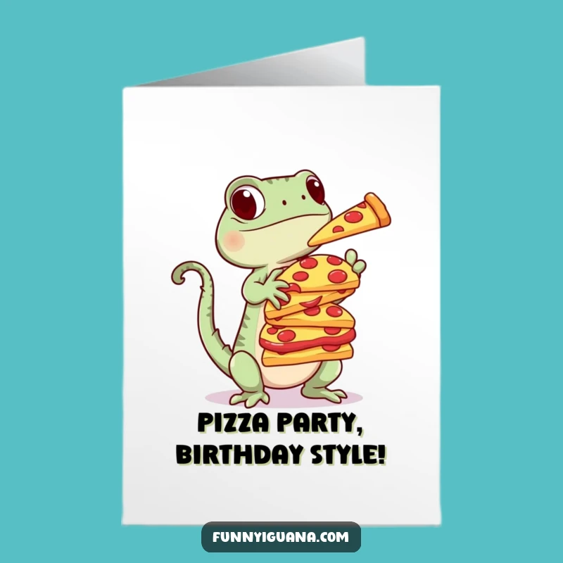 Free Printable Birthday Card: Funny Kawaii Iguana Pizza Balance, Hilarious Downloadable Gift