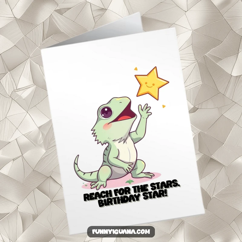 Funny free printable birthday card: Excited kawaii iguana leaping for a shimmering star, capturing pure joy and wishes.