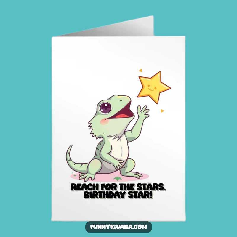 Free Printable Kawaii Iguana Birthday Card: Funny Star Reach Digital Download Gift