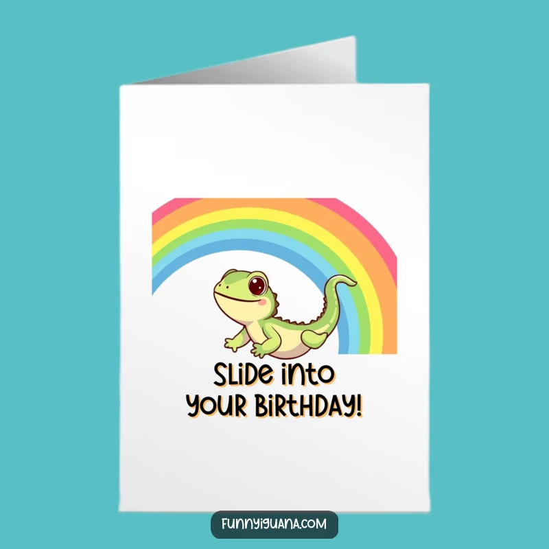 Free Printable Birthday Card: Funny Kawaii Iguana Slides Rainbow, Hilarious Downloadable Gift