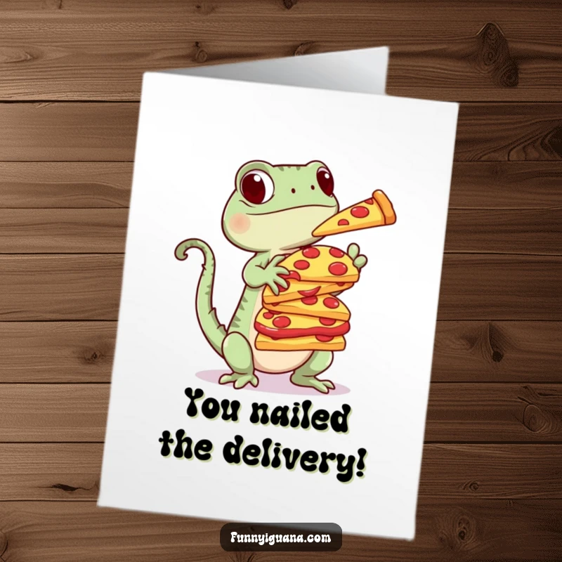 Funny Free Printable Congrats Card: A cute kawaii iguana precariously balancing a tower of tasty pizza slices.