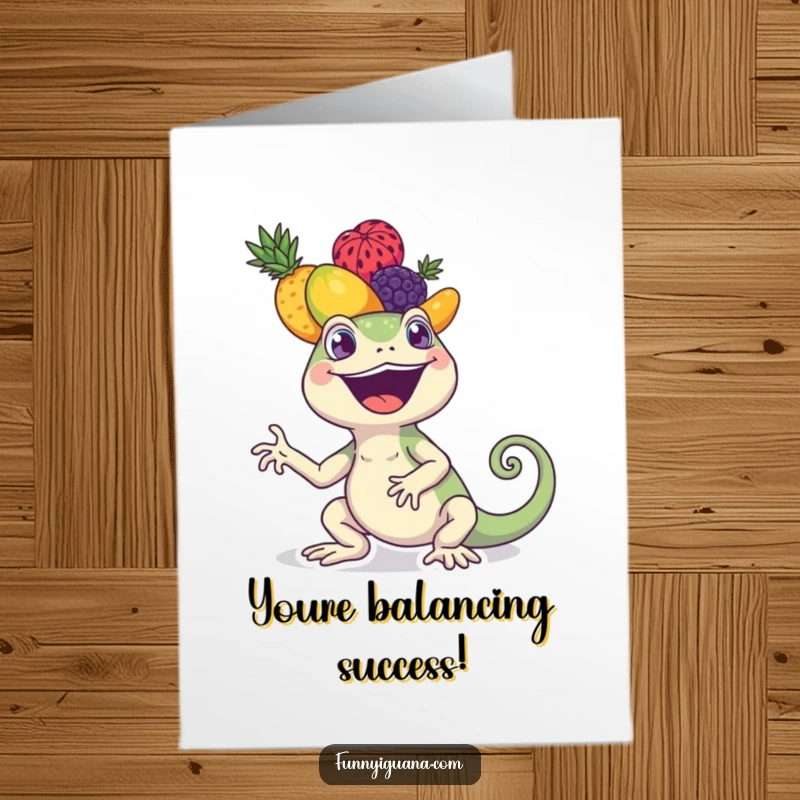 Funny free printable congratulations card: A cheerful kawaii iguana expertly balances a precarious stack of vibrant, healthy fruits on its head.