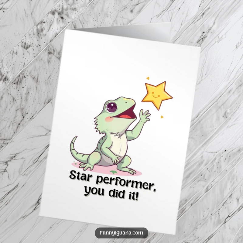 Funny free printable congratulations card: Ecstatic kawaii iguana aiming high for a shiny star, symbolizing reaching goals.