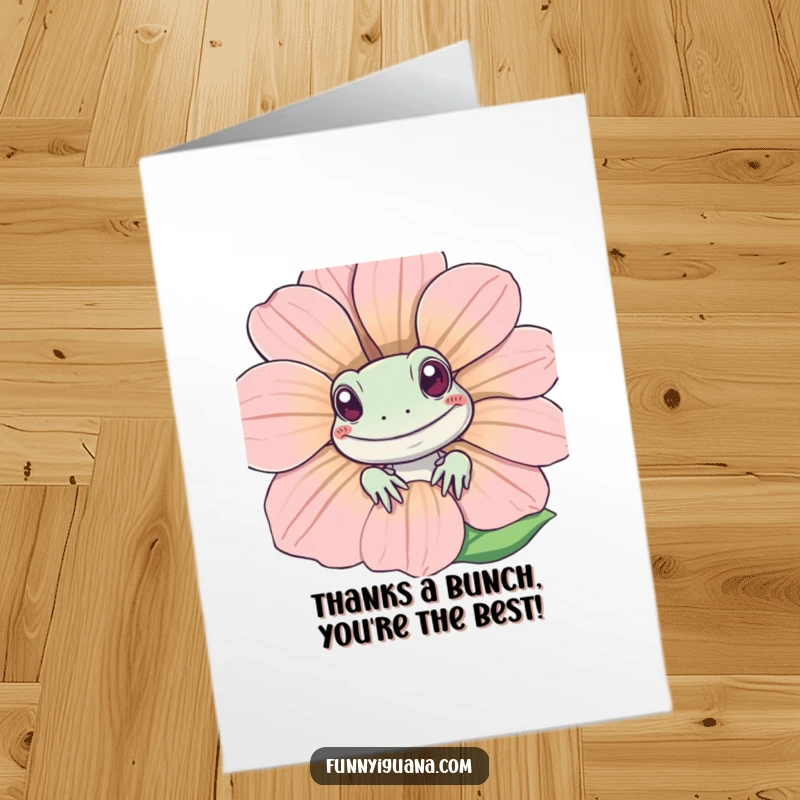 Funny Free Printable Thank You Card: Kawaii iguana peeking playfully from a big smiling flower, sending thanks.