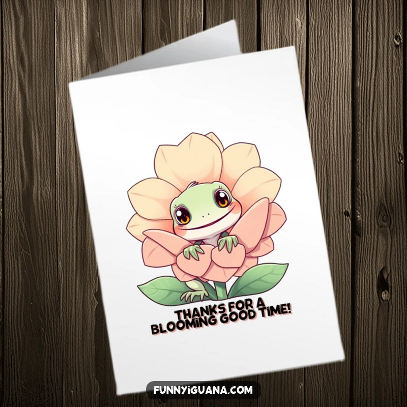 Funny free printable thank you card: A curious kawaii iguana peeps its head out from behind a big, happy, smiling flower.