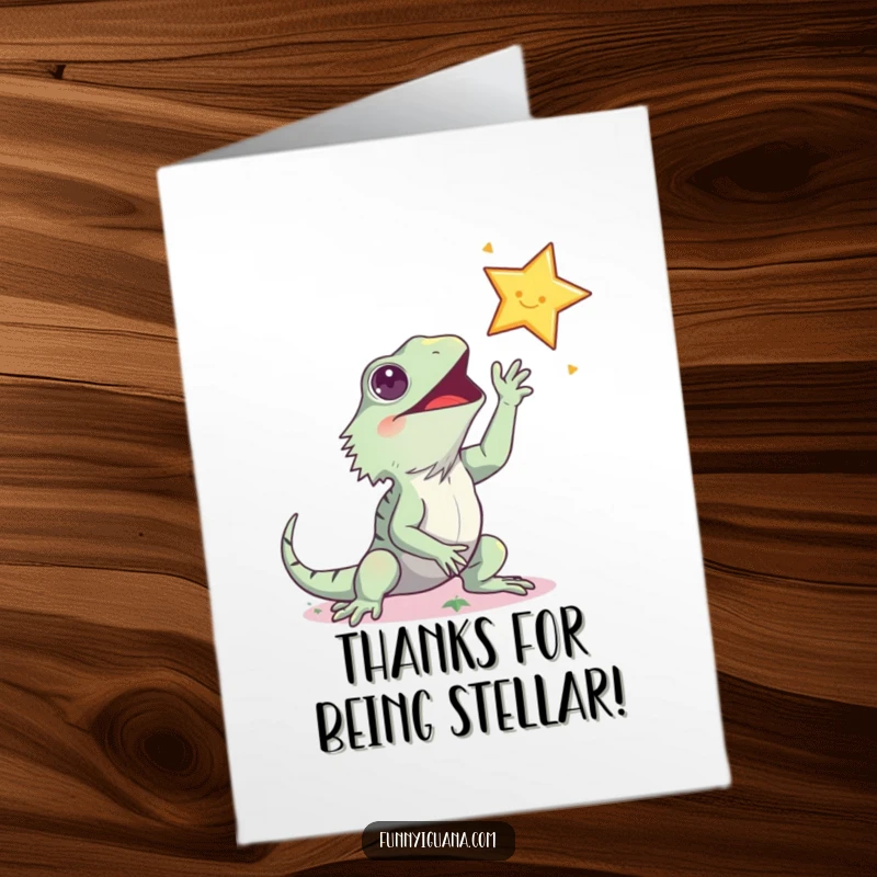 Funny free printable thank you card: Enthusiastic kawaii iguana stretching for a bright star, a unique way to say thanks.