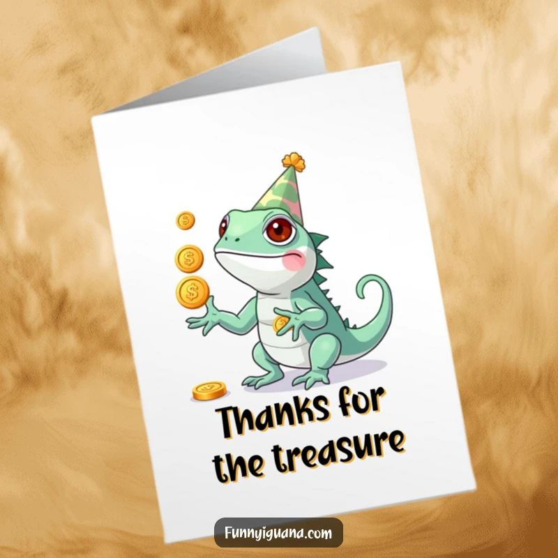 Funny Free Printable Thank You Card: A cute kawaii iguana in a party hat juggling three shiny coins with skill.